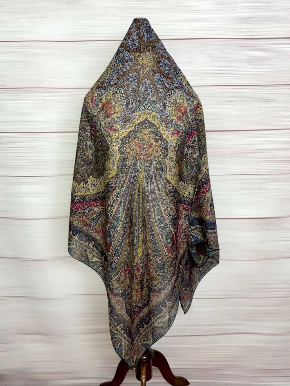 Vintage Large Wool (?) Paisley Shawl Scarf 54” Square Hand Rolled Multicolor